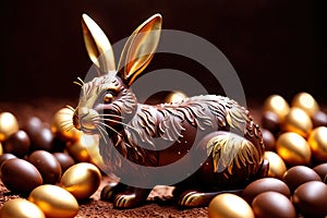 Chocolate easter bunny with gold decoration, traditional seasonal holiday season celebration decoration