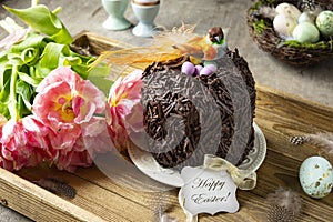 Chocolate Easter cake decorated with a decorative bird and a nest with eggs.