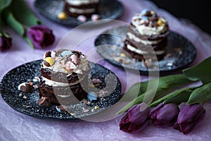 Chocolate Easter Cakes with Purple Tulips