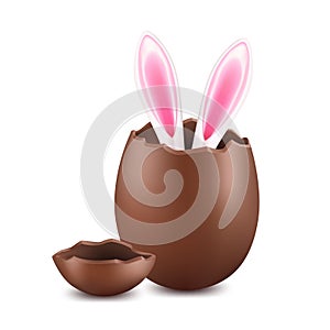 Chocolate Easter egg, broken and cracked eggshell with bunny ears on a white background, realistic sweet dessert, design element