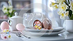 chocolate Easter egg broken open to reveal colorful candy inside, placed on a white plate