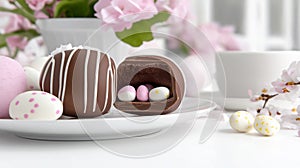 chocolate Easter egg broken open to reveal colorful candy inside, placed on a white plate