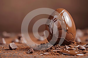 Chocolate easter egg with chocolate pieces and cocoa powder on brown background