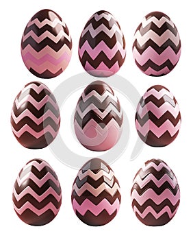 Chocolate Easter egg decorated with pink zigzag pattern, isolated on white transparent background.