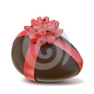 Chocolate Easter egg gift with red ribbon. 3D