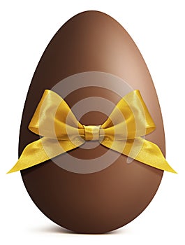 Chocolate Easter Egg with golden ribbon Bow isolated on white ba