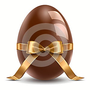 Chocolate Easter egg with golden ribbon bow isolated on white background. Spring holiday sweets
