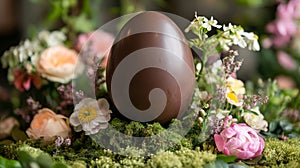Chocolate Easter Egg Nestled In Spring Flowers