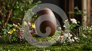 Chocolate Easter Egg Nestled In Spring Flowers