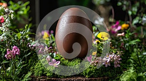 Chocolate Easter Egg Nestled In Spring Flowers