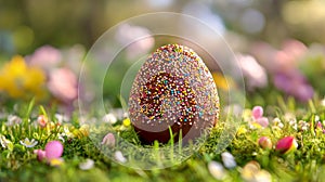 Chocolate Easter Egg In Springtime Flowers