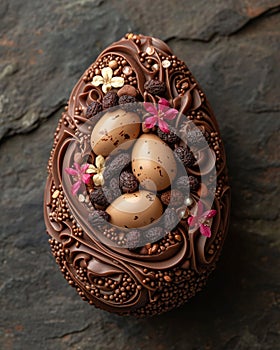 Chocolate Easter Egg: A Tasteful Masterpiece with Delicious Handcrafted Decorations photo