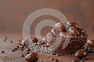 Chocolate easter eggs with cocoa powder in chocolate bowl on brown background