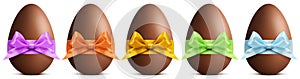 Chocolate easter eggs with ribbon Bow on white background