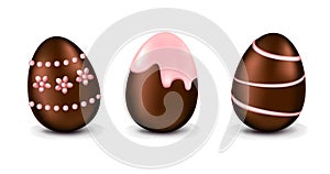 Chocolate Easter Eggs Set. Vector chocolate eggs decorated with pink sugar icing. Design elements for holiday cards
