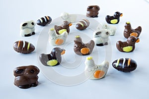 Chocolate easter figures: egg, bunny, duck, sheep, chicken