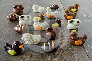 Chocolate easter figures: egg, bunny, duck, sheep, chicken