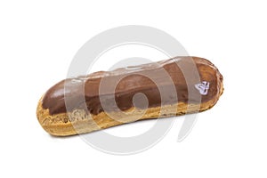 Chocolate eclair pastry on white background