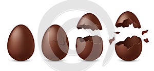 Chocolate egg. Dessert in shape of chicken eggs collection whole and broken, two halves, exploded eggshell, sweet