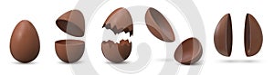 Chocolate eggs. Broken and cracked eggshell with halves and whole egg, Easter holiday celebration realistic symbol