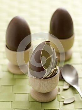 Chocolate eggs in egg cups. Conceptual image