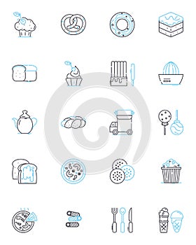 Chocolate factory linear icons set. Sweet, Cocoa, Indulgence, Melt, Decadence, Tempering, Truffles line vector and