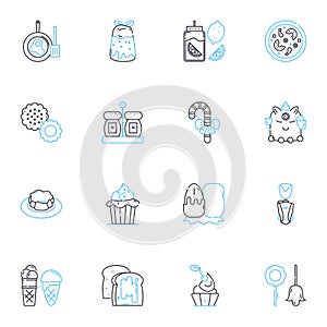 Chocolate factory linear icons set. Sweet, Cocoa, Indulgence, Melt, Decadence, Tempering, Truffles line vector and