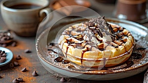 a chocolate filled waffle with cream and syrup drizzles