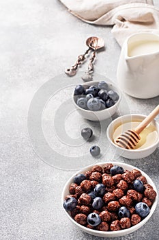 Chocolate flakes made from natural cereals with fresh blueberries, honey and milk. The concept of a healthy wholesome Breakfast.