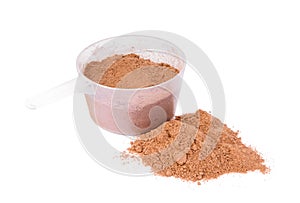 Chocolate flavor whey protein powder isolated on white