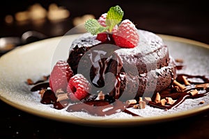 Chocolate fondant cake with a ball of ice cream and fresh raspberries poured with chocolate and decorated with a mint leaf