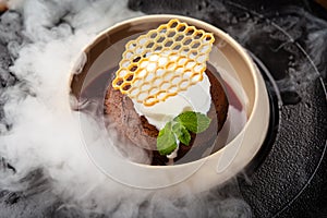 Chocolate fondant. Dark chocolate, raspberry sauce, vanilla ice cream dessert. Delicious healthy traditional food