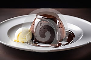 Chocolate fondant with ice cream on a white plate