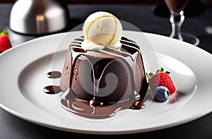 Chocolate fondant with ice cream on a white plate