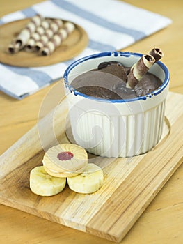 Chocolate fondant lava cake with cookies and banana