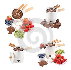 Chocolate fondue and berries isolated on white, collage