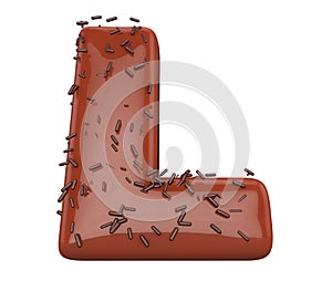 Chocolate font and granules, Delicious letter L. Alphabet 3d render, isolated on white background, path save.