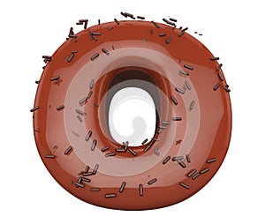 Chocolate font and granules, Delicious letter O. Alphabet 3d render, isolated on white background, path save.