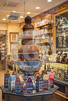 Chocolate fountain in belgium shop