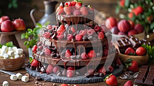 chocolate fountain display, indulge in a festive party treat with a chocolate fountain flowing over fresh fruits and