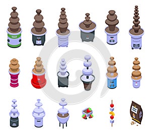 Chocolate fountain icons set isometric vector. Candy birthday