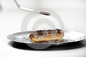 Chocolate French Ã©clair on a plate