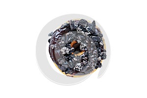 Chocolate Frosted Donut with Cookie Crumbs over White