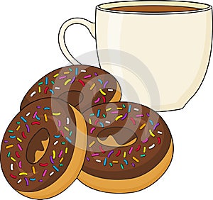 A chocolate frosted donut or doughnut and a hot cup of fresh coffee or tea. Raster illustration isolated on white