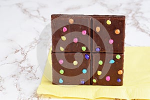 Chocolate fudge brownie bar with candy pieces