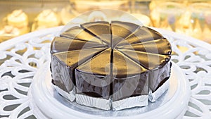 Chocolate Fudge Cake on a white table