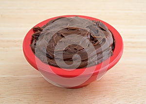 Chocolate fudge frosting in a small bowl on counter top