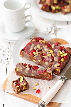 Chocolate Fudge with Glace Cherries, Pistachios an