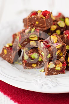 Chocolate Fudge with Glace Cherries, Pistachios and Coconut