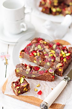 Chocolate Fudge with Glace Cherries, Pistachios and Coconut